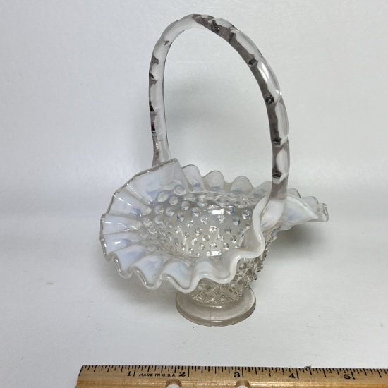 Opalescent Glass Hobnail Basket with Ruffled Edge