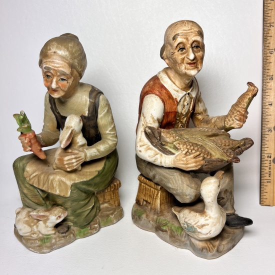 Porcelain Elderly Couple Figurines with Original Foil Labels Marked Norleans Japan