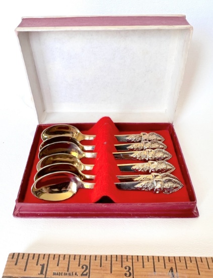 Set of 6 Gold Plated Siam Spoons Made in Thailand in Red Velvet Lined Box