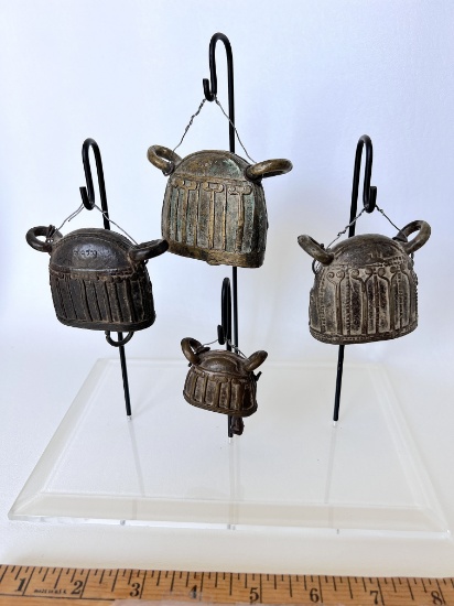 Set of 4 Antique Burmese Buffalo Bells on Lucite Stand