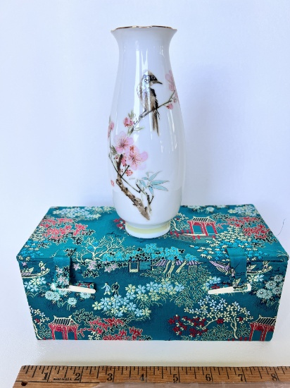 Beautiful Porcelain Oriental Bird Vase in Silk Wrapped Box