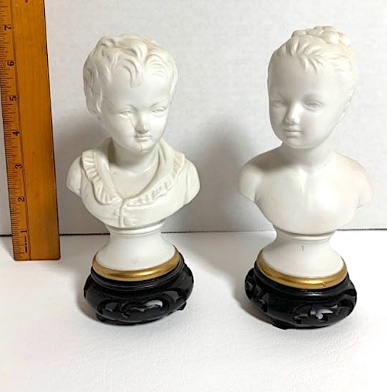 Set of Small Boy and Girl Busts on Wooden Bases