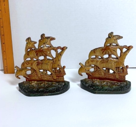 Vintage Cast Iron English Galleon COPR 1938 Ship Bookends