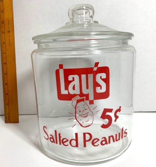 Glass Lay's 5¢ Salted Peanuts General Store Jar with Lid