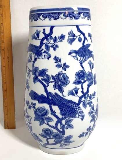 Tall Blue & White Porcelain Vase with Birds Design - Formalities by Baum Bros.