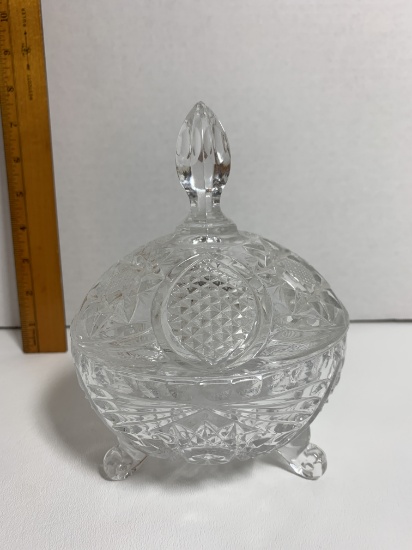 Three Footed Clear Pressed Glass Lidded Candy Dish