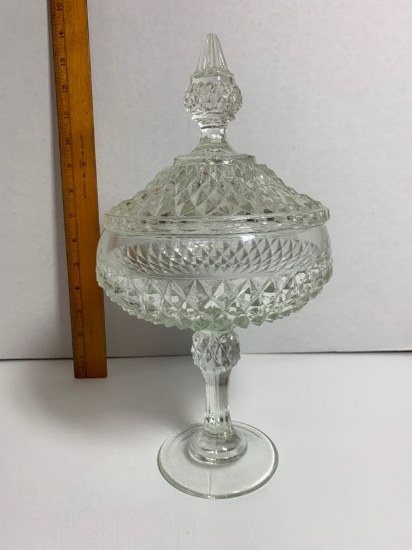 Vintage Pressed Glass Pedestal Covered Candy Dish