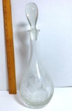 Clear Glass Decanter with Stopper, Etched Grape and Leaves Pattern