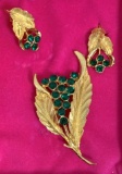 Meyers Arnold Gold Tone Brooch and Clip on Earring Set with Green Stones