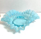 Vintage Hobnail Blue Opalescent Glass Dish with Ruffled Edge