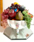 Large Ceramic Bowl of Fake Fruit on Mirror Display Tray