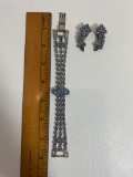 Vintage Blue Rhinestone Bracelet and Clip on Earring Set in Gift Box