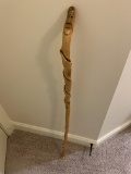 Unique Faced Carved Handled Wooden Walking Stick with Rubber Grip on Bottom