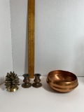 Lot of Brass Candlestick Holders and Copper Bowl