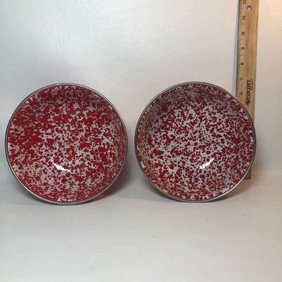 Pair of Red Speckled Enameled Metal Bowls