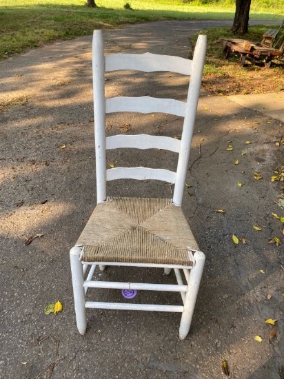 Vintage White Wood Chair with Woven Seat
