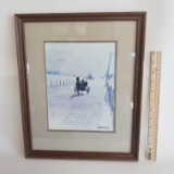 Framed Signed Print of Horse and Carriage in Snow