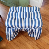 Blue and White Striped Stool / Ottoman, Wood Legs