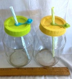 Pair of Glass Drinking Jars with Plastic Lids and Straws