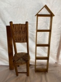 Wood and Wicker Barbie Doll Chair and Ruler Shelf