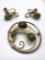 1980's 3pc Gold Tone Kremetz Natural Green Nephrite Jade Floral Brooch w/ Matching Screw-on Earrings