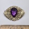 Large Vintage Gold Tone Open Work Brooch with Large Purple Teardrop Shaped Stone