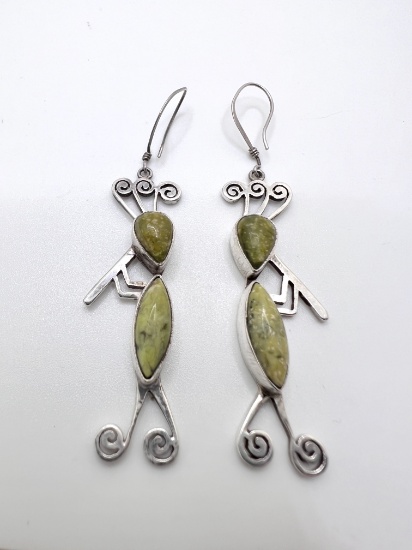 Pair of Sterling Silver Flutist Earrings with Natural Green Stones