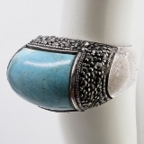 Sterling Silver Chunky Ring with Turquoise Colored Stone & Marcasite Stones