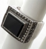 Unique Sterling Silver Ring with Rectangular Onyx Stone Surrounded by Marcasite Stones
