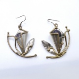 Over Sized Hand Crafted Silver & Brass Tone Earrings with Large Purple Stones