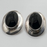 Sterling Silver Pierced Earrings with Oval Black Onyx Stones
