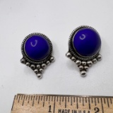 Vintage Sterling Silver Pierced Earrings with Cobalt Round Stones