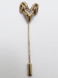 1960s Panetta Gold Tone Rams Head Stick Pin with Clear Stones
