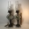 Pair of Heavy Brass and Glass with Marble Base Oil Lamp Design Electric Lamps - Both Work