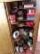 Large Cabinet Lot of Metal and Tin Containers