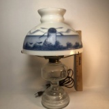 Crystal Oil Lamp Wired to Electric with Hand Painted Milk Glass Shade - Works