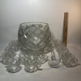 Heavy Leaded Glass 14 Piece Punch Bowl Set