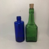 Lot of Green Bitters Bottle with Cork and Blue Glass Bottle