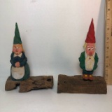 Lot of 2 Vintage Wood Carved Gnome Figures on Driftwood Bases