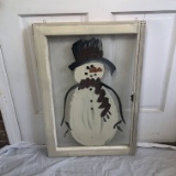 Vintage Hand Painted Snowman on Glass Wood Framed Window
