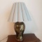 Ornate Hammered Brass Table Lamp with Light Blue Scallop Pleat Shade