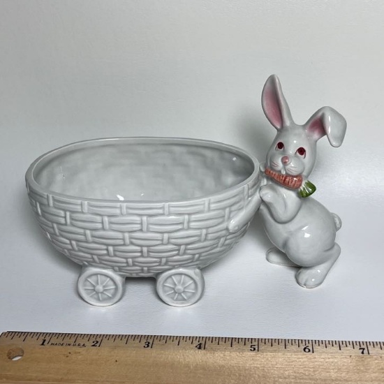 Hand Painted Ceramic Fitz & Floyd Bunny Cart Dish