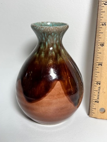 Small Brown Drip Glazed Pottery Vase with Turquoise Top