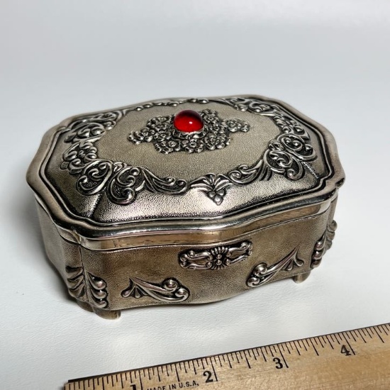 Silver Plated Lidded Jewelry Casket with Maroon Silk Lining & Red Stone