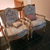 Pair of Upholstered Arm Chairs with Ornate Carvings - Pink Floral Design