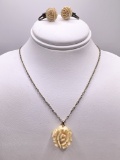 Vintage Carved Bone Style Rose Pendant with Matching Clip-on Earrings