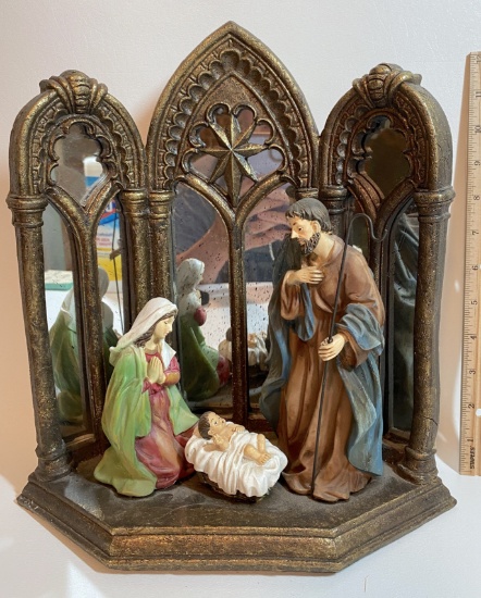 Vintage Resin Nativity Statue with Mirror Arch Back