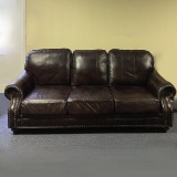 Wide Brown Leather Sofa Hand Dyed with Decorative Brass Brads