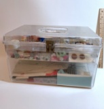 Vintage Clear Sewing Box with Sewing Notions - Thread, Buttons, Beads, Needles