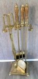 Brass 5pc Fireplace Tool Set with Oak Wood Handles